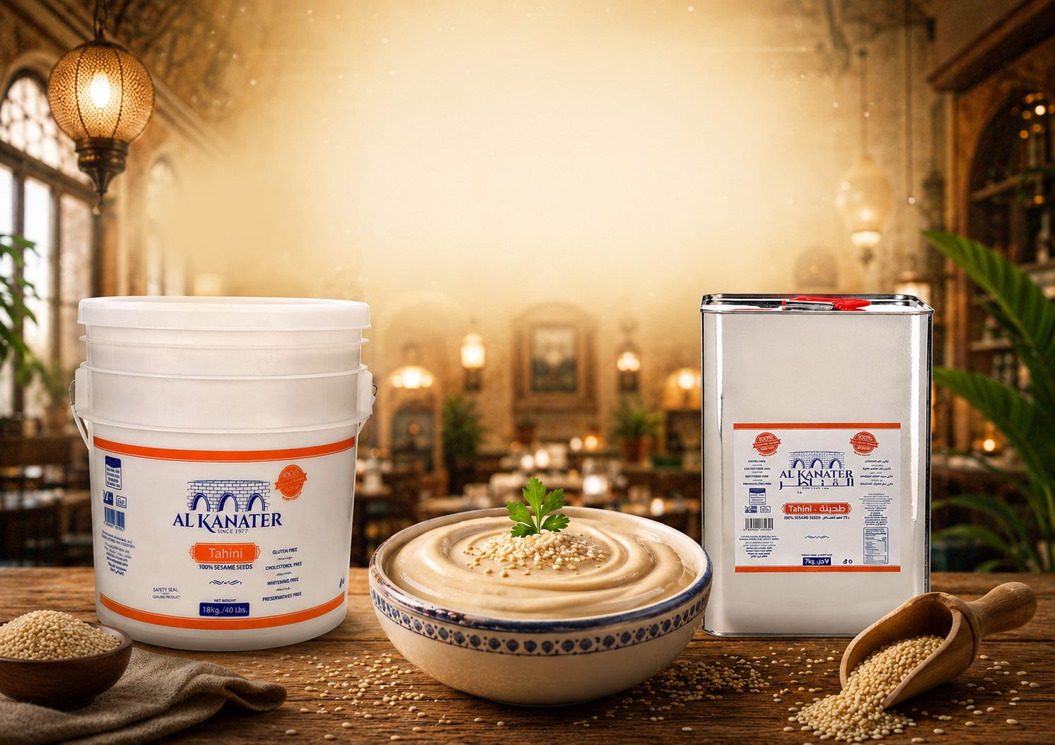 Tahini gallon and tin